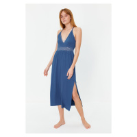 Trendyol Blue Lace Back Detail and Slit Detail Rope Strap Knitted Nightgown