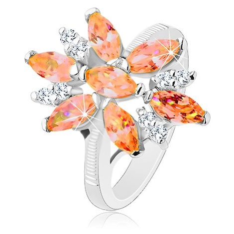 Blýskavý prsten ve stříbrné barvě, velký květ z oranžových a čirých zirkonů Šperky eshop