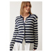 Happiness İstanbul Women's Ecru Navy Blue Waistband Striped Knitwear Cardigan