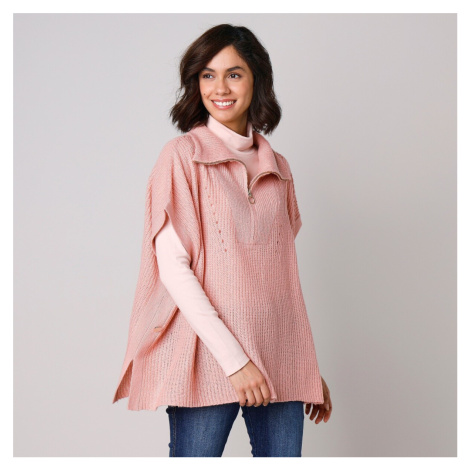 Blancheporte Pončo pulovr se zipovým stojáčkem růžová pudrová