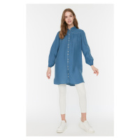 Trendyol Indigo Contrast Stitching Woven Linen Look Natural Fabric Shirt