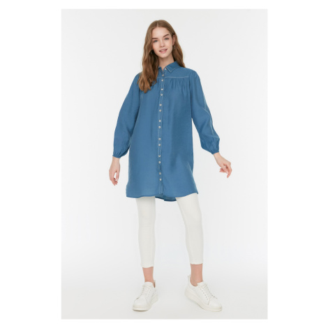 Trendyol Indigo Contrast Stitched Woven Linen Look Natural Fabric Shirt
