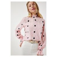 Happiness İstanbul Women's Candy Pink Marked Polka Dot Woven Blouse