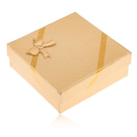 Dárková krabička zlaté barvy na šperky, vzhled tkaniny, mašle