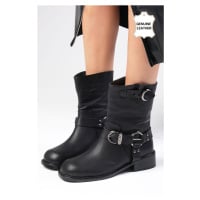 Mio Gusto Lola Genuine Leather Black Color Women's Heelless Biker Boots