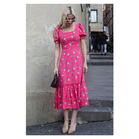Madmext Pink Floral Patterned Balloon Sleeve Midi Dress