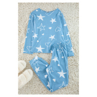 Trendyol Blue 100% Cotton Star and Heart Knitted Pajama Set