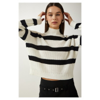 Happiness İstanbul Women's Ecru High Collar Striped Knitwear Sweater