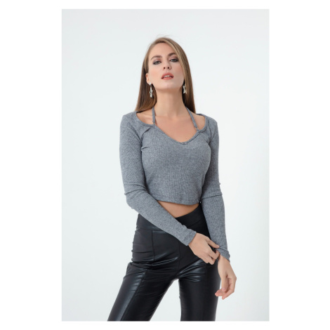 Lafaba Women's Gray Knitted Crop with Metallic Accessories