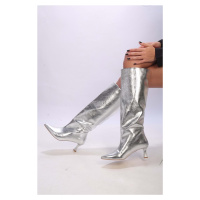 Shoeberry Women's Misa Silver Cracked Patent Leather Daily Boots