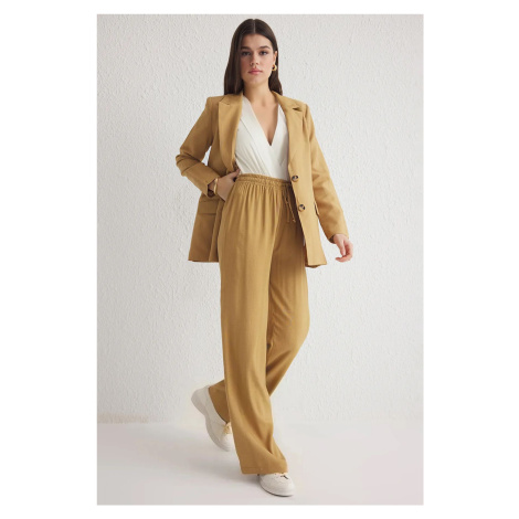 Trendyol Camel Jacquard Elastic Waist Wide Leg Woven Trousers