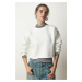 Happiness İstanbul Women's White Crew Neck Raised Crop Knitted Sweatshirt