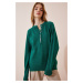 Happiness İstanbul Women's Dark Green Buttoned Collar Knitwear Sweater