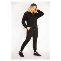 Şans Women's Plus Size Black Front Zipper Stone Detailed Hooded Sweatshirt Trousers Suit