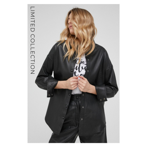 Kožená košile Answear Lab dámská, černá barva, relaxed, s klasickým límcem