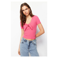 Trendyol Fuchsia Short Sleeve Tie Detailed Sweetheart Neckline Ribbed Stretchy Knitted Blouse