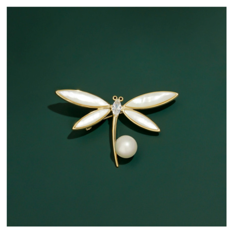 Éternelle Brož s perlou a zirkony Catrin - vážka B7143-E-044 Zlatá