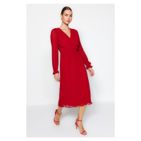 Trendyol červené skládané šifonové tkané šaty s podšívkou