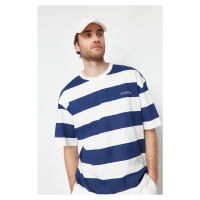 Trendyol Navy Blue Oversize Letter Embroidered Striped 100% Cotton T-Shirt