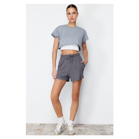 Trendyol Anthracite Elastic Waist Basic Soft Buttoned Knitted Shorts & Bermuda