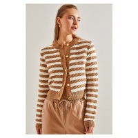 Bianco Lucci Women's Buttoned Side Braided Striped Knitwear Cardigan