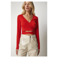 Happiness İstanbul Women's Orange Lace Crop Top with Wrapover Collar and Blouse