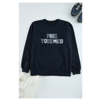 Trendyol Navy Blue Oversize/Wide Cut Crew Neck Puffy Text Printed Sweatshirt