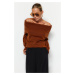 Trendyol Brown Soft Textured Carmen Collar Pletený svetr