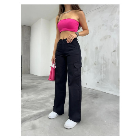 12128 Dewberry High Waist Wide Leg Cargo Pocket Trousers-BLACK