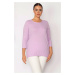 Şans Women's Plus Size Lilac Crew Neck Pinstripe Blouse with Capri Sleeves