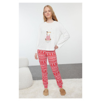 Trendyol White-Multicolored 100% Cotton Winter Themed Knitted Pajama Set