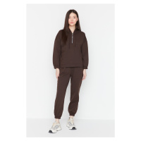 Trendyol Dark Brown Hooded Pocket and Zipper Detailed Knitted Tracksuit Set