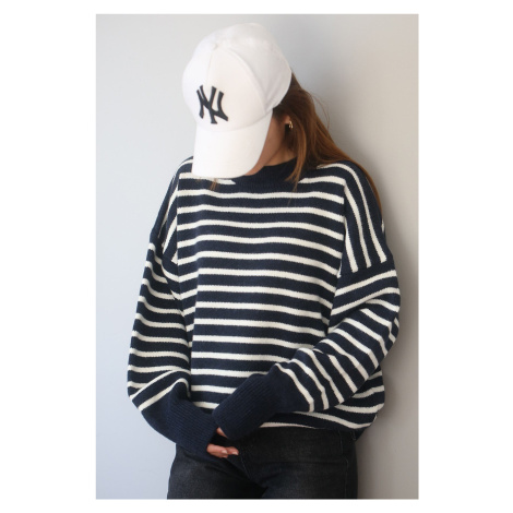Madmext Mad Girls Navy Blue Striped Sweater