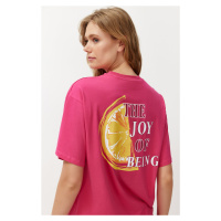 Trendyol Fuchsia Pink 100% Cotton Back and Front Printed Oversize/Comfortable Fit Knitted T-Shir