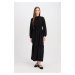 DEFACTO Shirt Collar Basic Plain Button Closure Gathered Waist Long Sleeve Maxi Black Dress