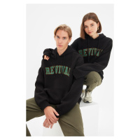 Trendyol Black Unisex Plus Size Oversize/Wide-Fit Printed Fleece Cotton Inside Sweatshirt