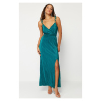 Trendyol Emerald Green Belted Waist Opening/Skater Knitted Lined Pleated Elegant Evening Dress