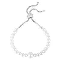 Ocelový náramek ve stříbrné barvě - perleťově bílé korálky, čiré zirkony, posuvné zapínání