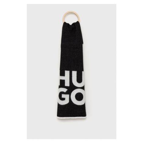 Vlněná šála HUGO černá barva, s potiskem Hugo Boss