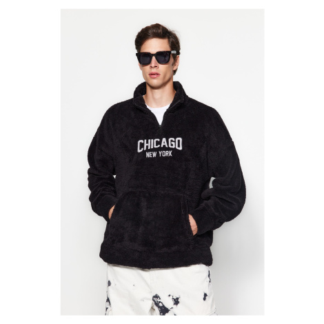 Trendyol Black Oversize/Wide-Fit Zippered City Embroidered Thick Fleece/Plush Sweatshirt