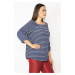 Şans Women's Plus Size Navy Blue Striped Tunic with Elastic Collar And Ruffle Detailed Sleeves