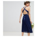 TFNC Petite Pleated Midi Bridesmaid Dress with Cross Back and Bow Detail-Navy