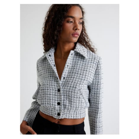 Koton Tweed Bomber Jacket with Pockets and Buttoned Shirt Collar