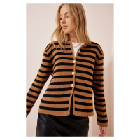 Happiness İstanbul Women's Camel Black Padded Striped Knitwear Cardigan