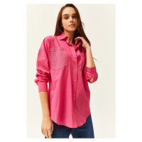 Olalook Women's Fuchsia Pocket & Staple Detailed Oversize Shirt