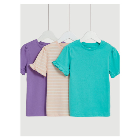 Sada tŕí holčičích triček s volánky v tyrkysové, růžové a fialové barvě Marks & Spencer