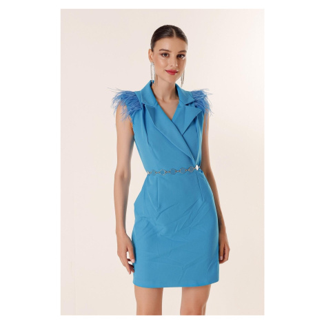 By Saygı Dvouřadý krk Peří Detailní páskové šaty Modrá