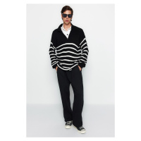 Trendyol Black Oversize Fit Wide Fit Polo Neck Striped Knitwear Sweater