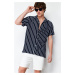 Trendyol Navy Blue Striped Relaxed Fit Knitwear Look Wide Collar Shirt