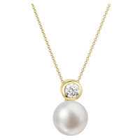 Evolution Group Zlatý 14 karátový náhrdelník s bílou říční perlou a briliantem 92PB00045